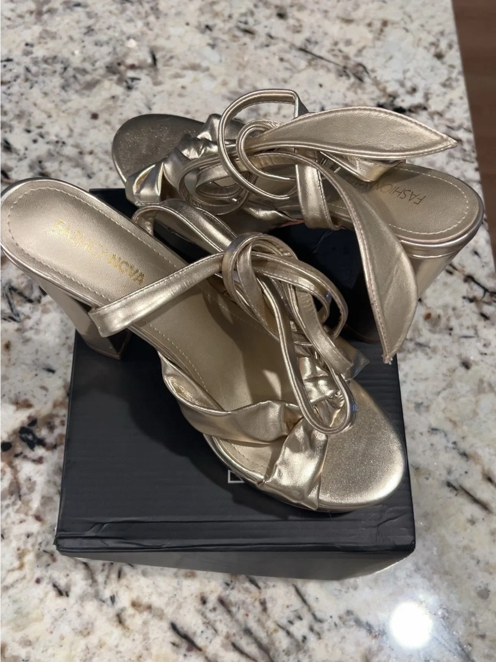 Fashion Nova Metallic Gold Platform Block Heel Sandals